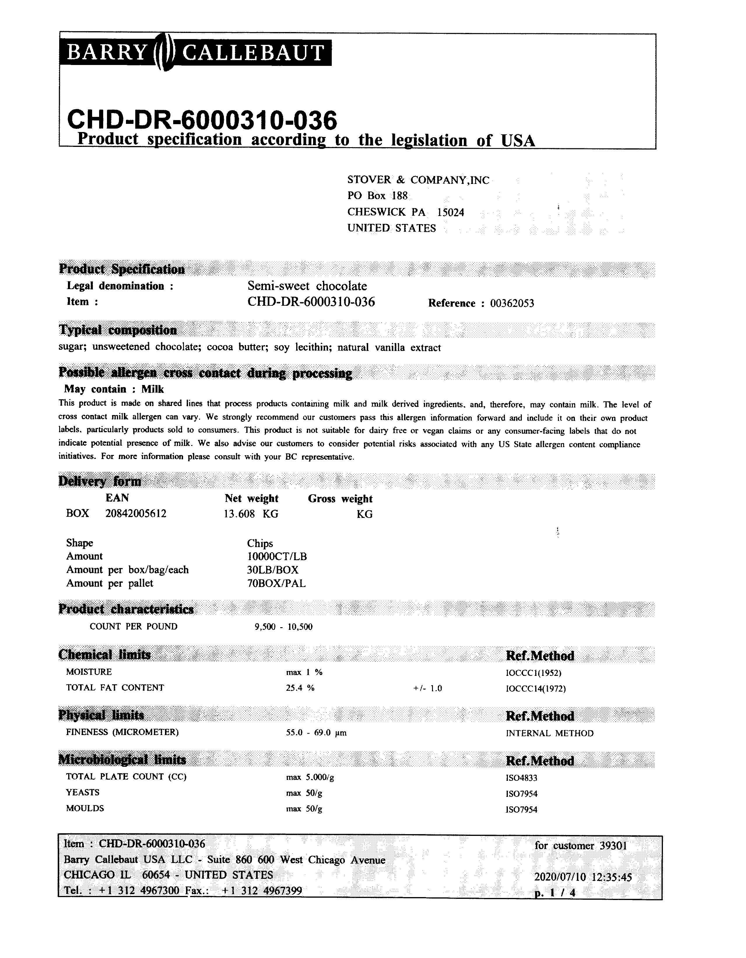 Mini Semi Sweet Chocolate Chips Nutritional Info Page 1 by Barry Callebaut at Stover & Company