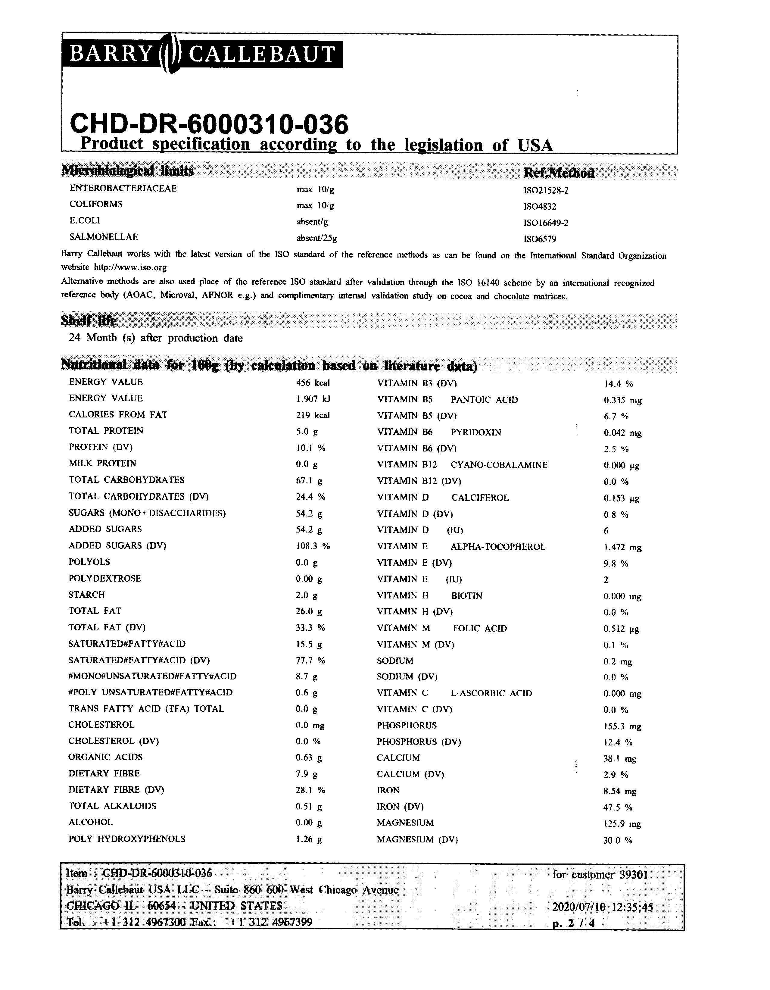 Mini Semi Sweet Chocolate Chips Nutritional Info Page 2 by Barry Callebaut at Stover & Company