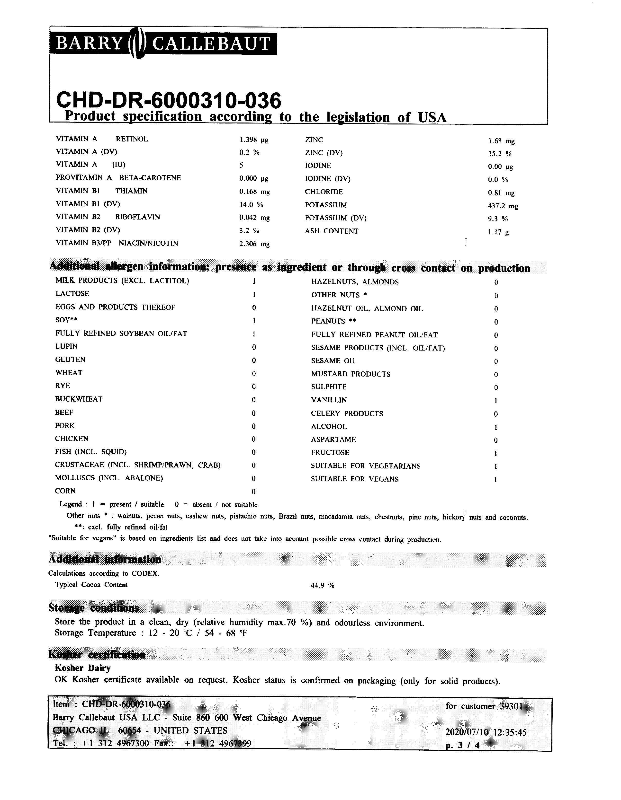 Mini Semi Sweet Chocolate Chips Nutritional Info Page 3 by Barry Callebaut at Stover & Company