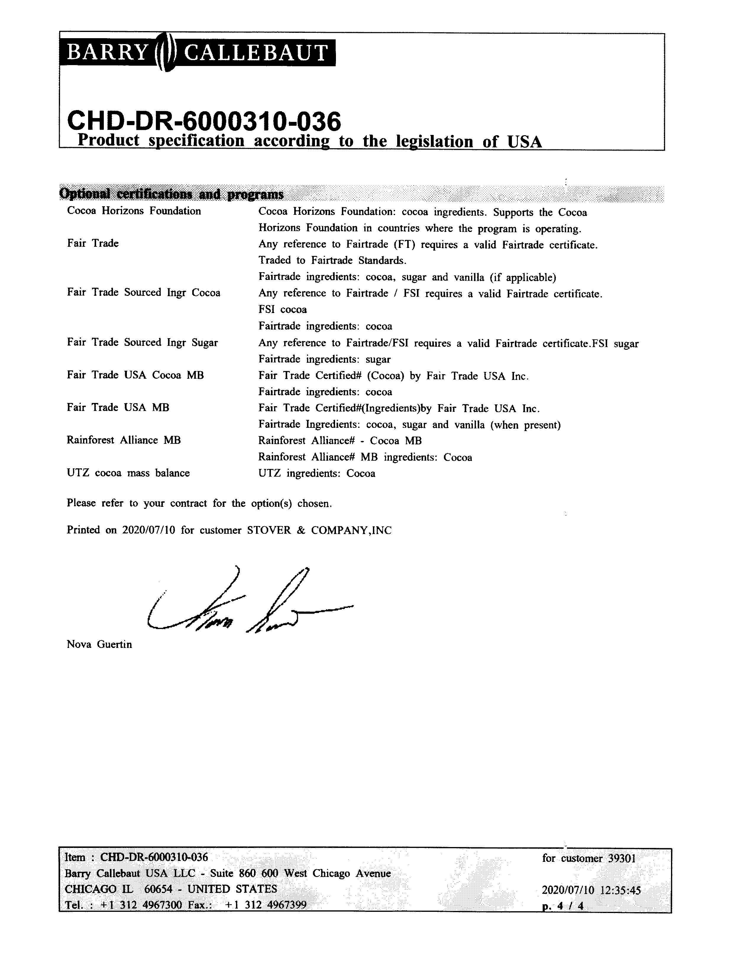 Mini Semi Sweet Chocolate Chips Nutritional Info Page 4 by Barry Callebaut at Stover & Company