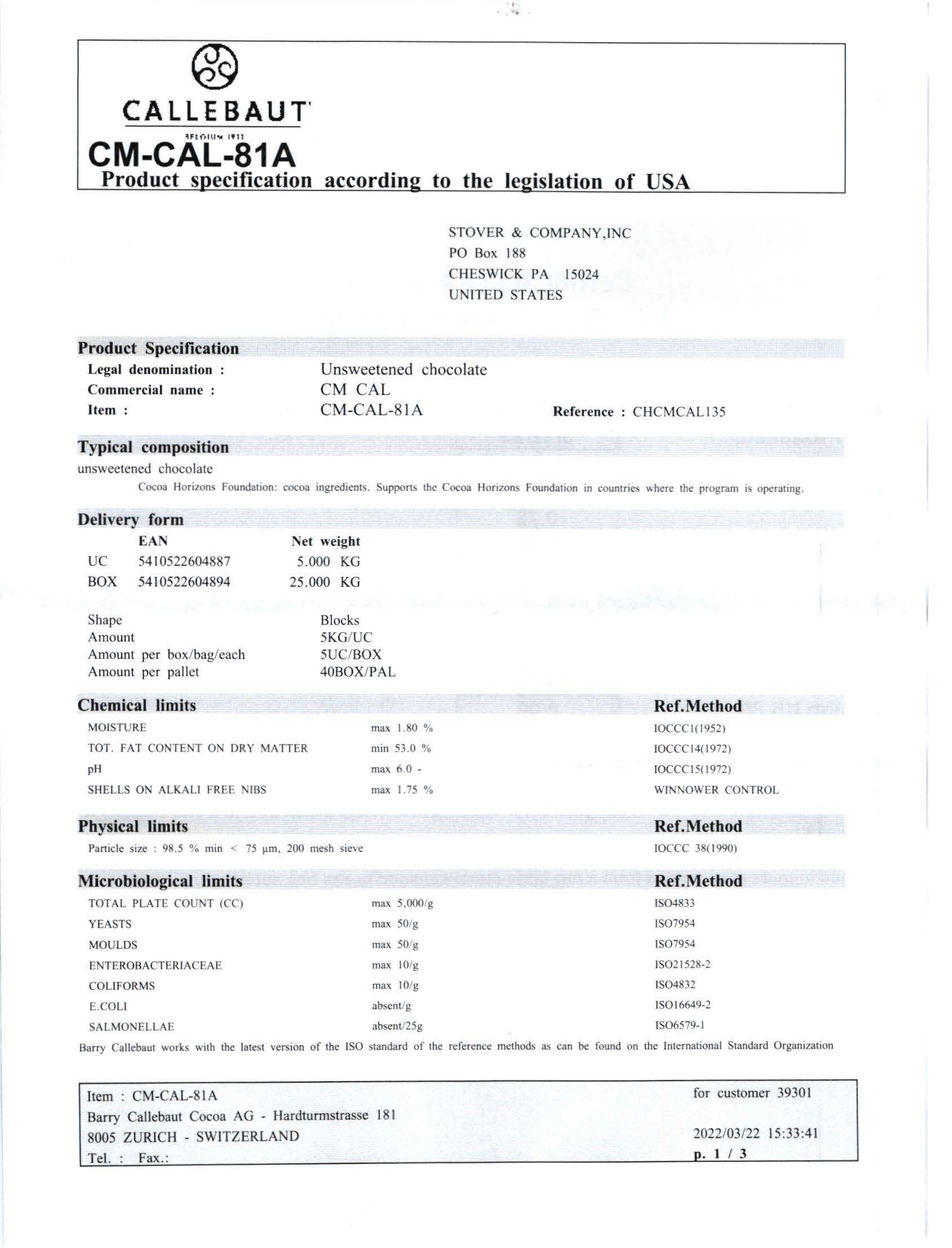 Chocolate Unsweetened Cocoa Liquor Block Nutritional Info Page 1 by Callebaut at Stover & Company
