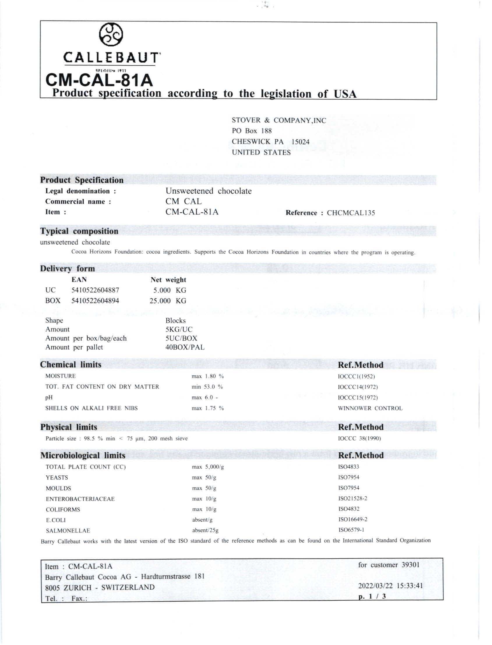 Chocolate Unsweetened Cocoa Liquor Block Nutritional Info Page 1 by Callebaut at Stover & Company 