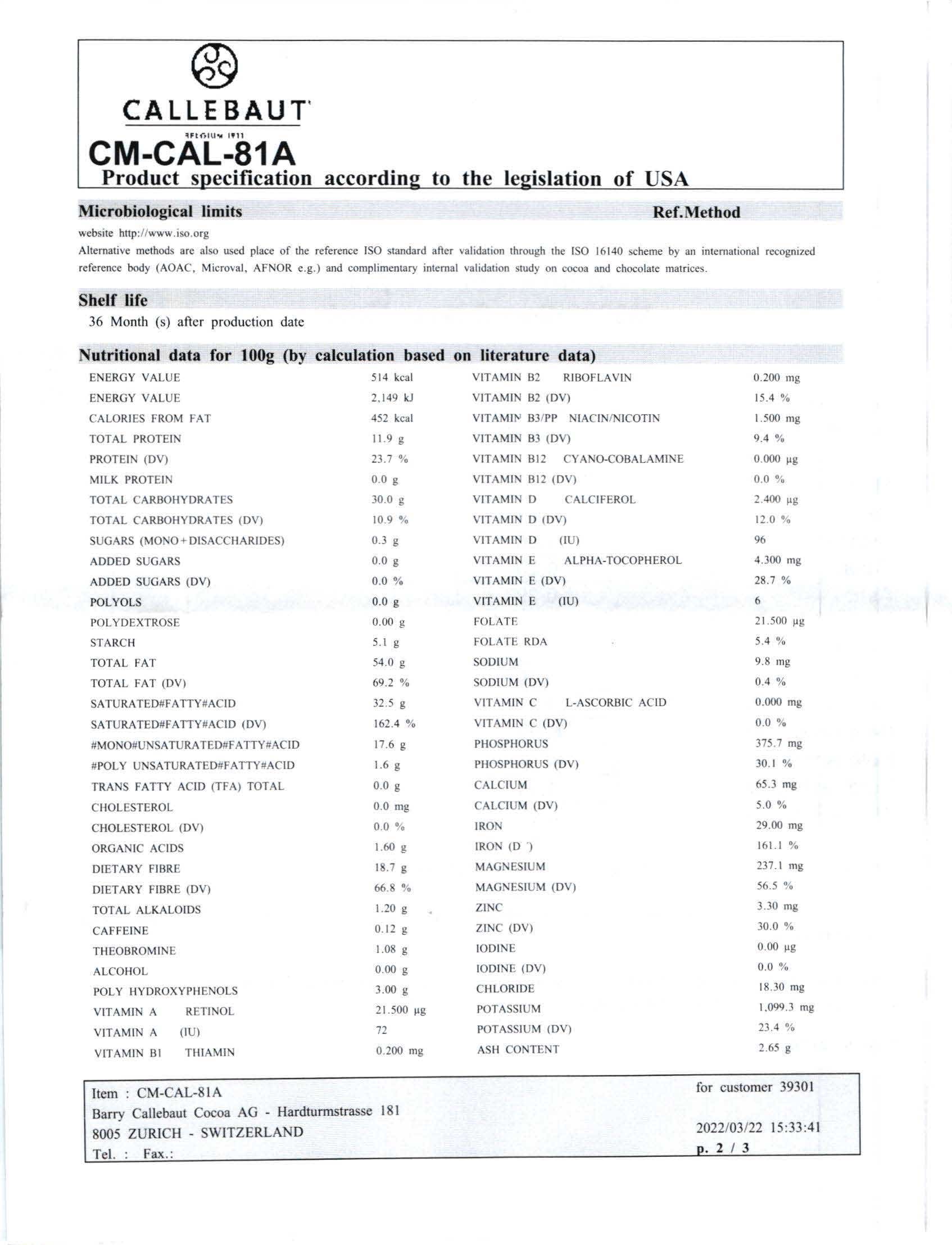 Chocolate Unsweetened Cocoa Liquor Block Nutritional Info Page 2 by Callebaut at Stover & Company