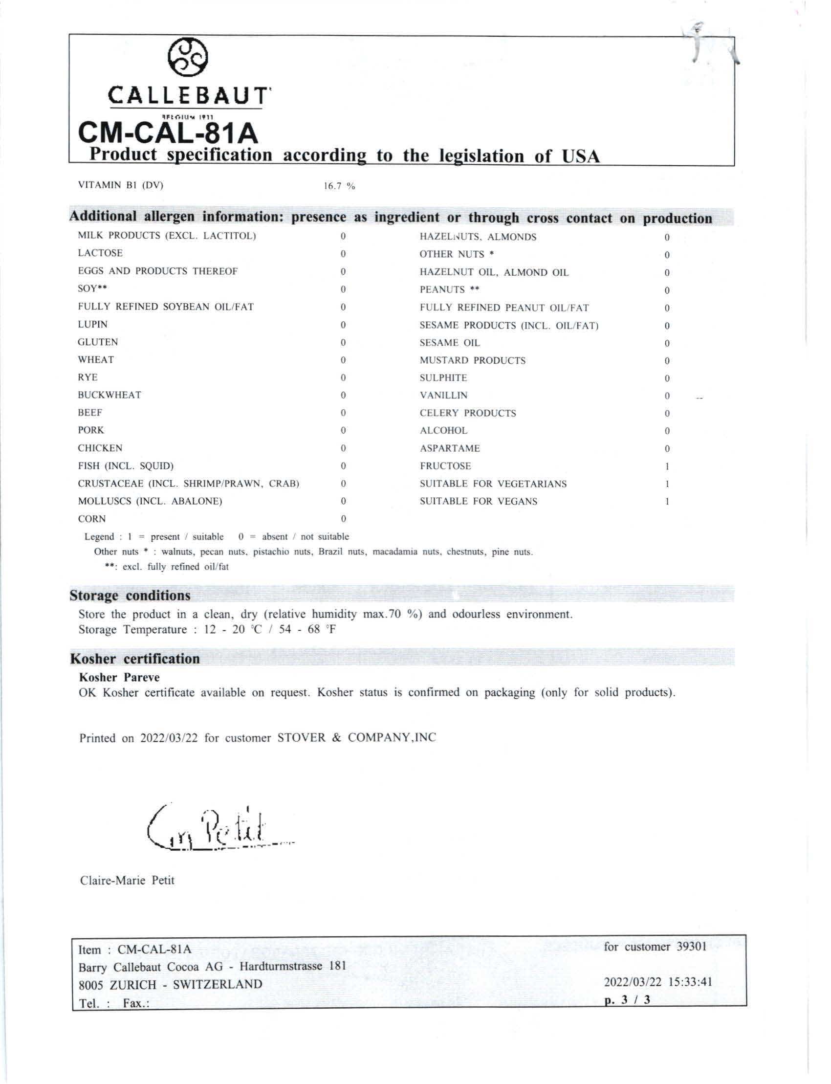 Chocolate Unsweetened Cocoa Liquor Block Nutritional Info Page 3 by Callebaut at Stover & Company 