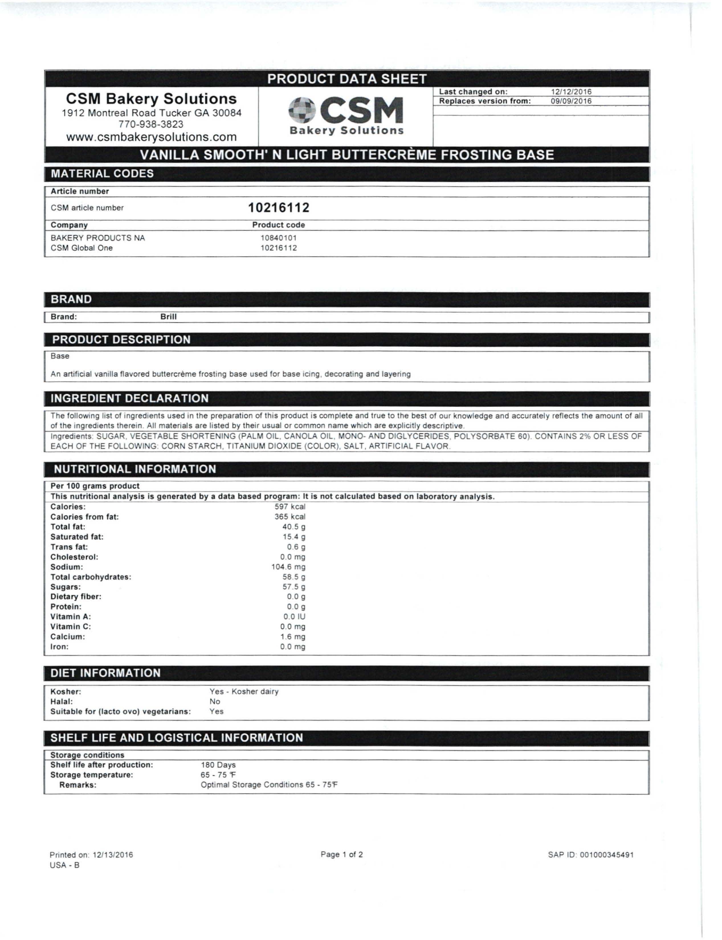 Vanilla Smooth n Light Buttercreme Frosting Nutritional Info Page 1 by Brill at Stover & Company