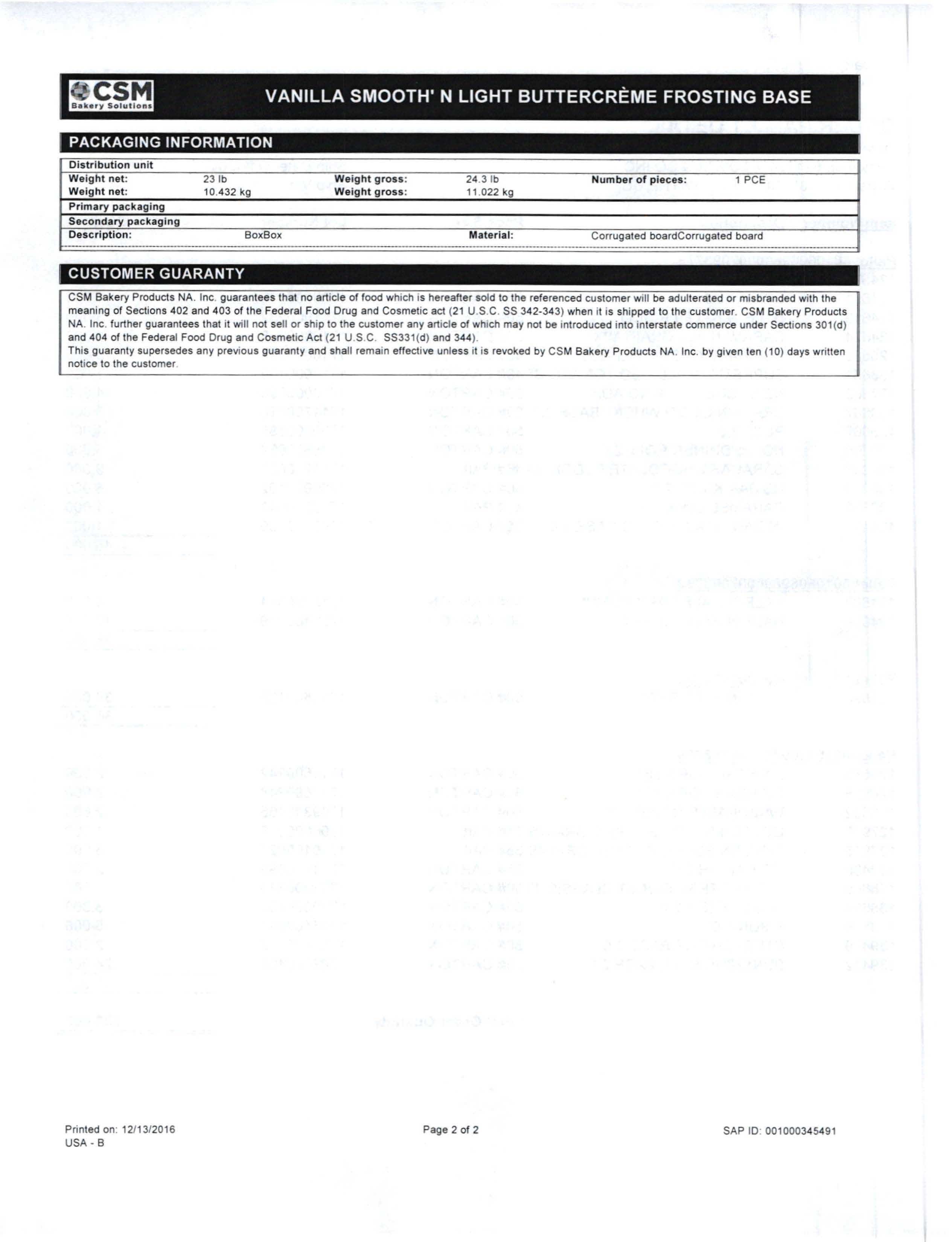 Vanilla Smooth n Light Buttercreme Frosting Base Nutritional Info Page 2 by Brill at Stover & Company