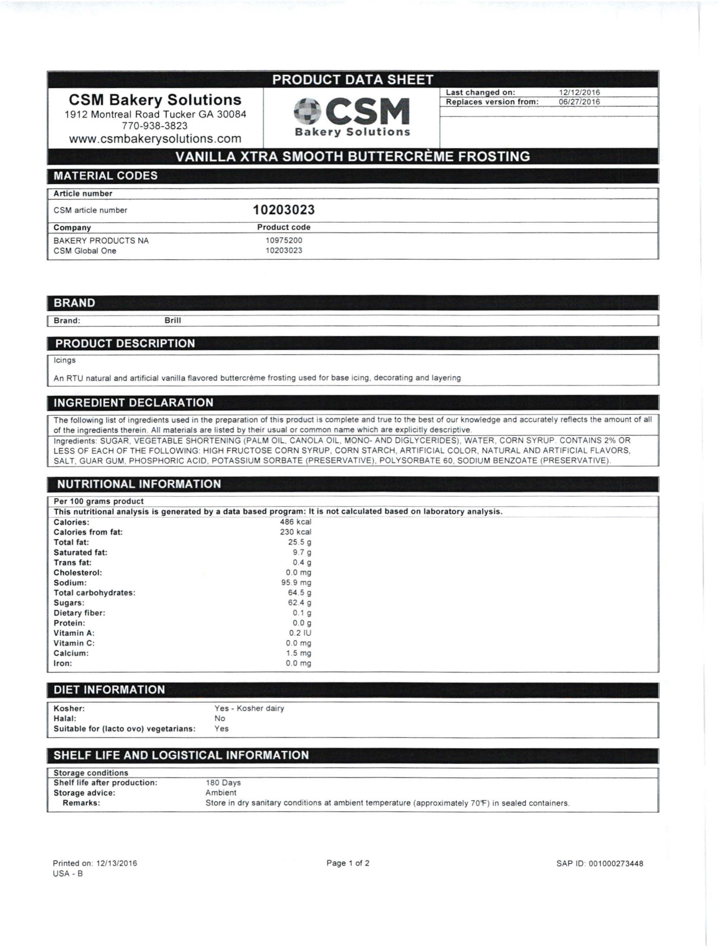 Vanilla Xtra Smooth Buttercreme Frosting Nutritional Info Page 1 by Brill at Stover & Company