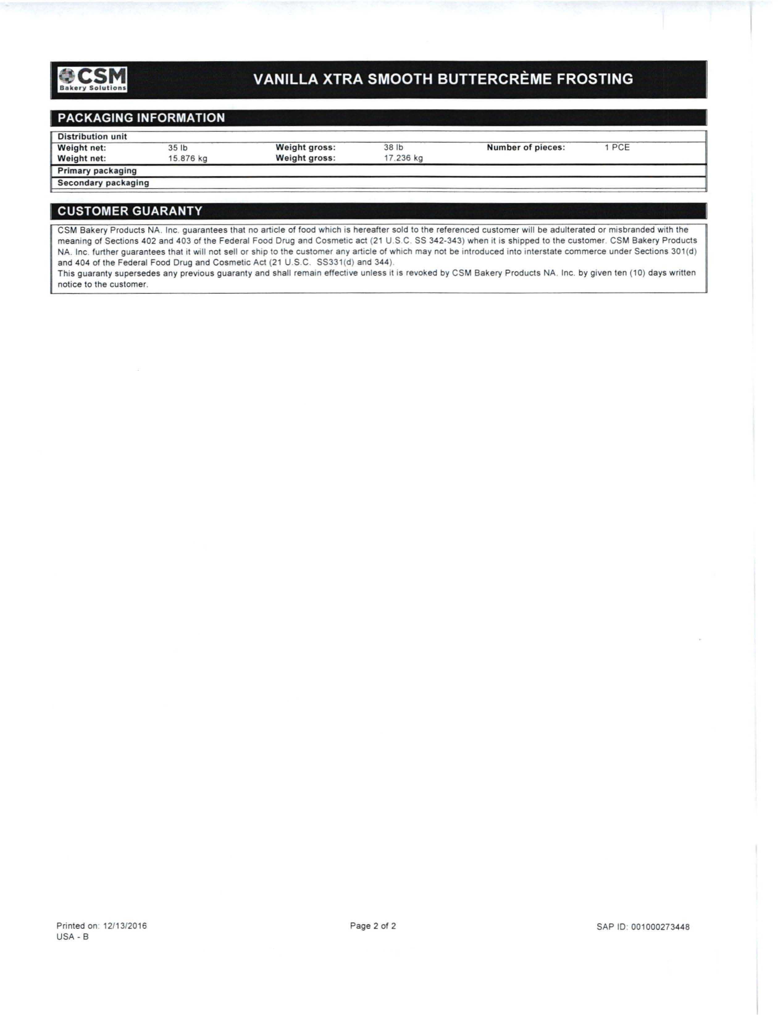 Vanilla Xtra Smooth Buttercreme Frosting Nutritional Info Page 2 by Brill at Stover & Company