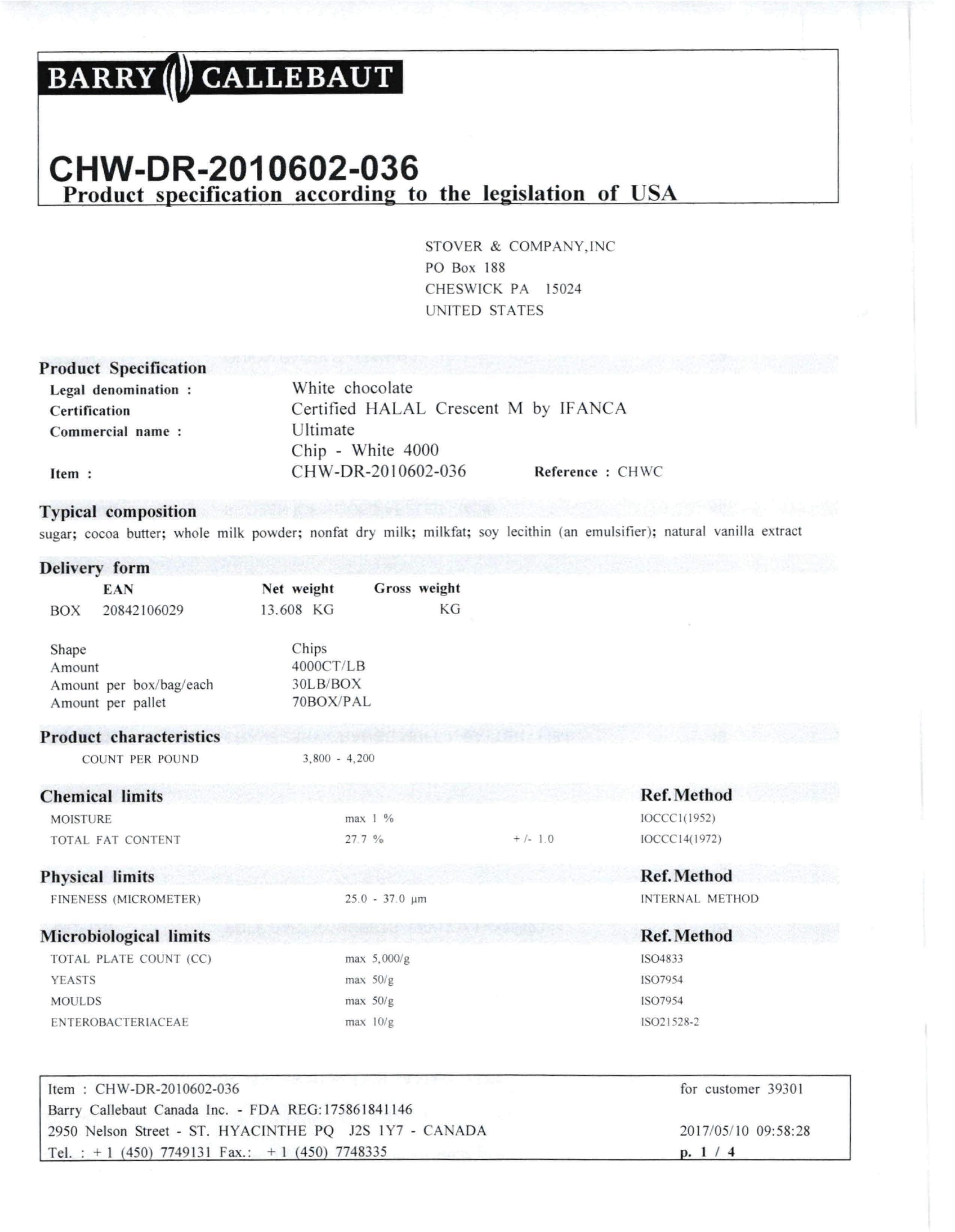 Mini Count White Chocolate Chips Nutritional Info Page 1 by Barry Callebaut at Stover & Company