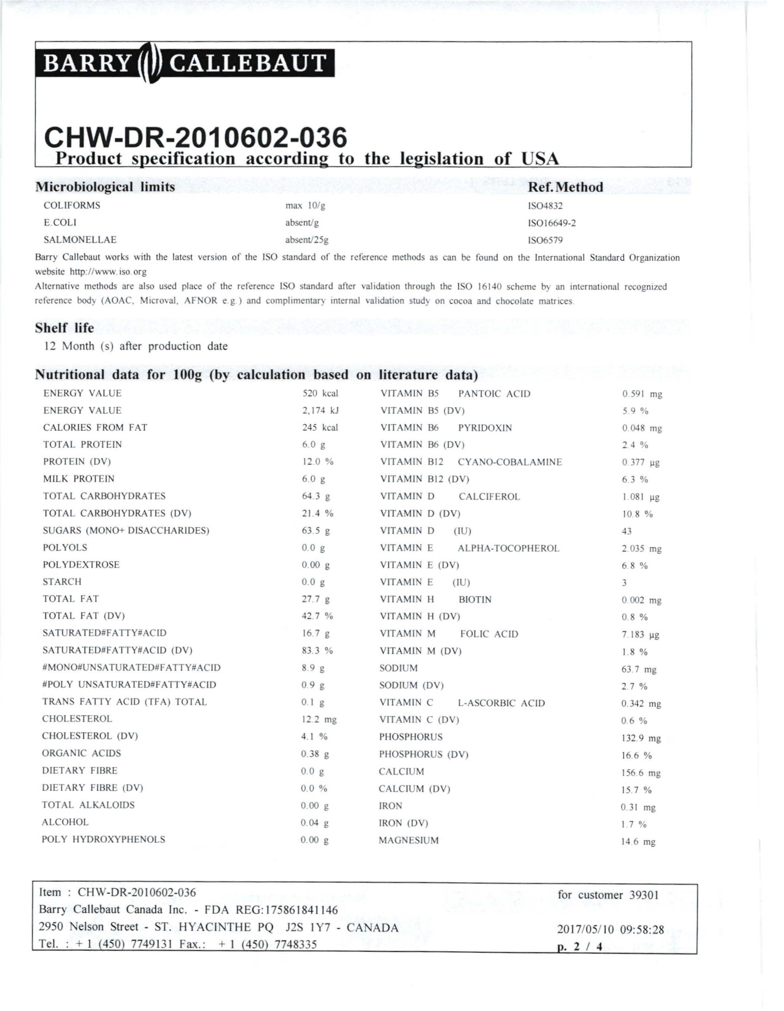 Mini Count White Chocolate Chips Nutritional Info Page 2 by Barry Callebaut at Stover & Company