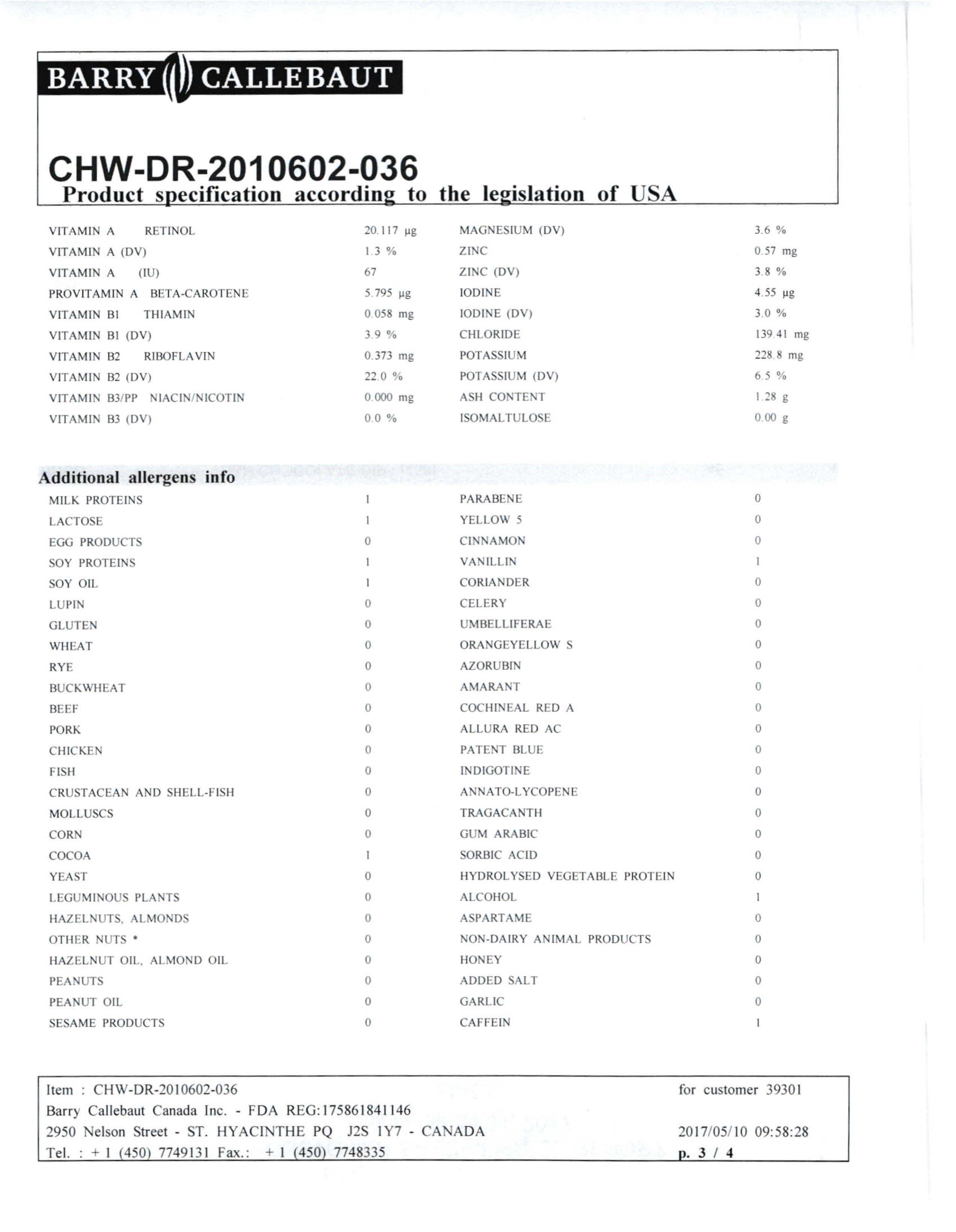 Mini Count White Chocolate Chips Nutritional Info Page 3 by Barry Callebaut at Stover & Company