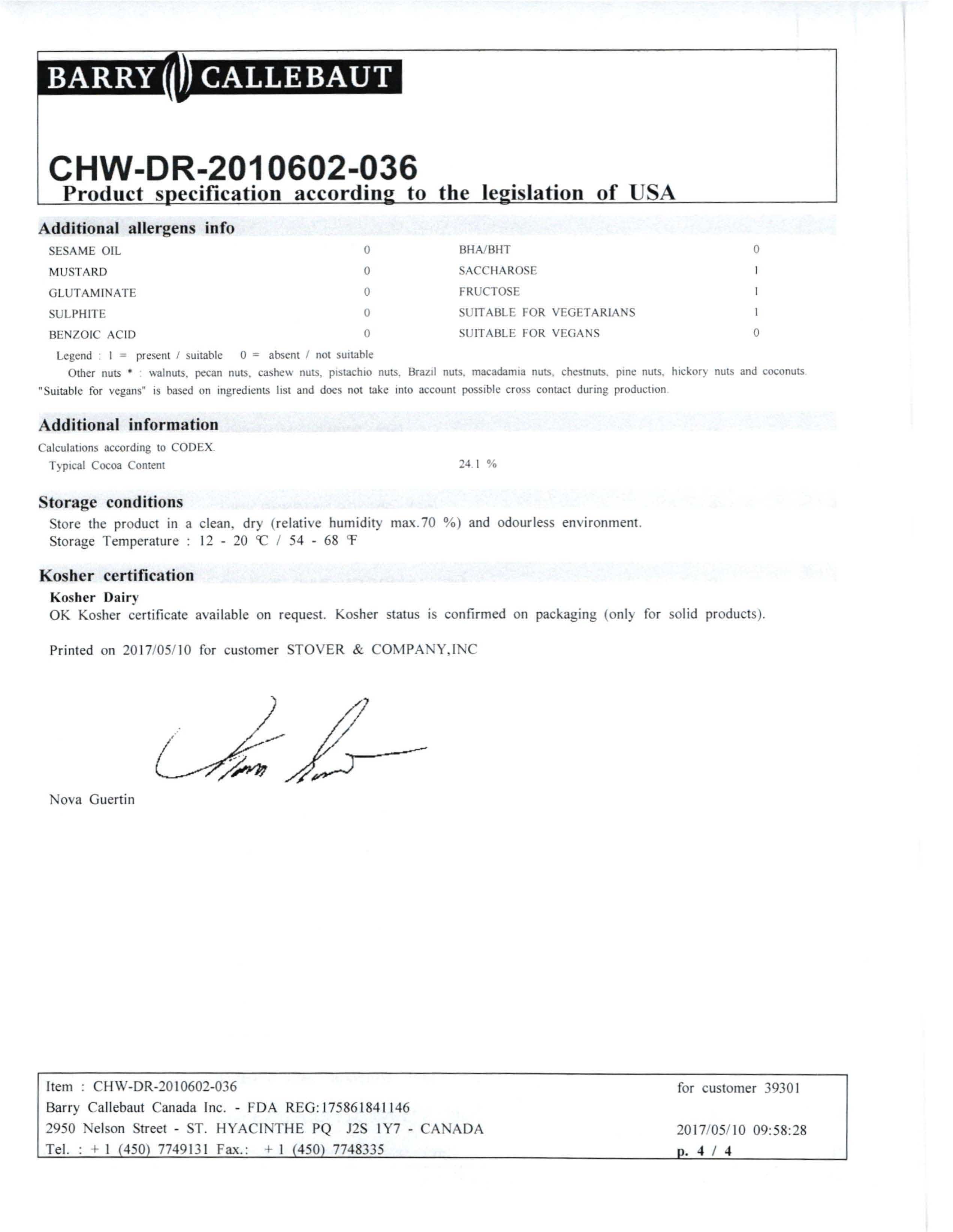 Mini Count White Chocolate Chips Nutritional Info Page 4 by Barry Callebaut at Stover & Company