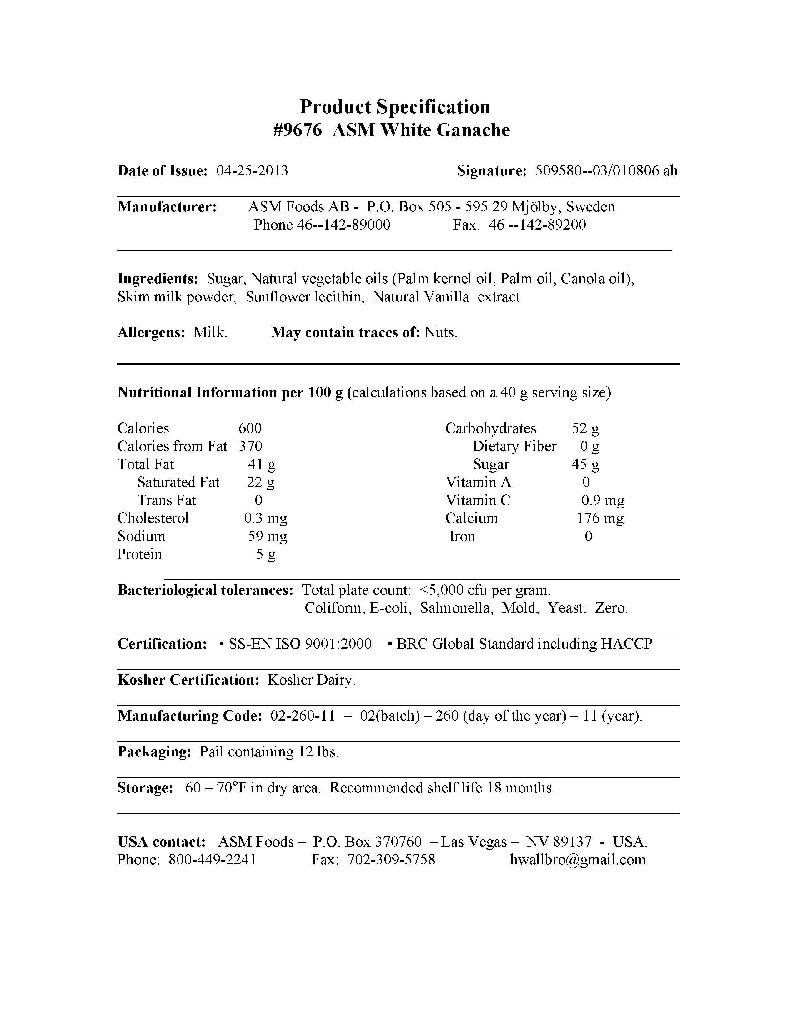 White Chocolate Ganache Nutritional Info by ASM, Semper at Stover & Company