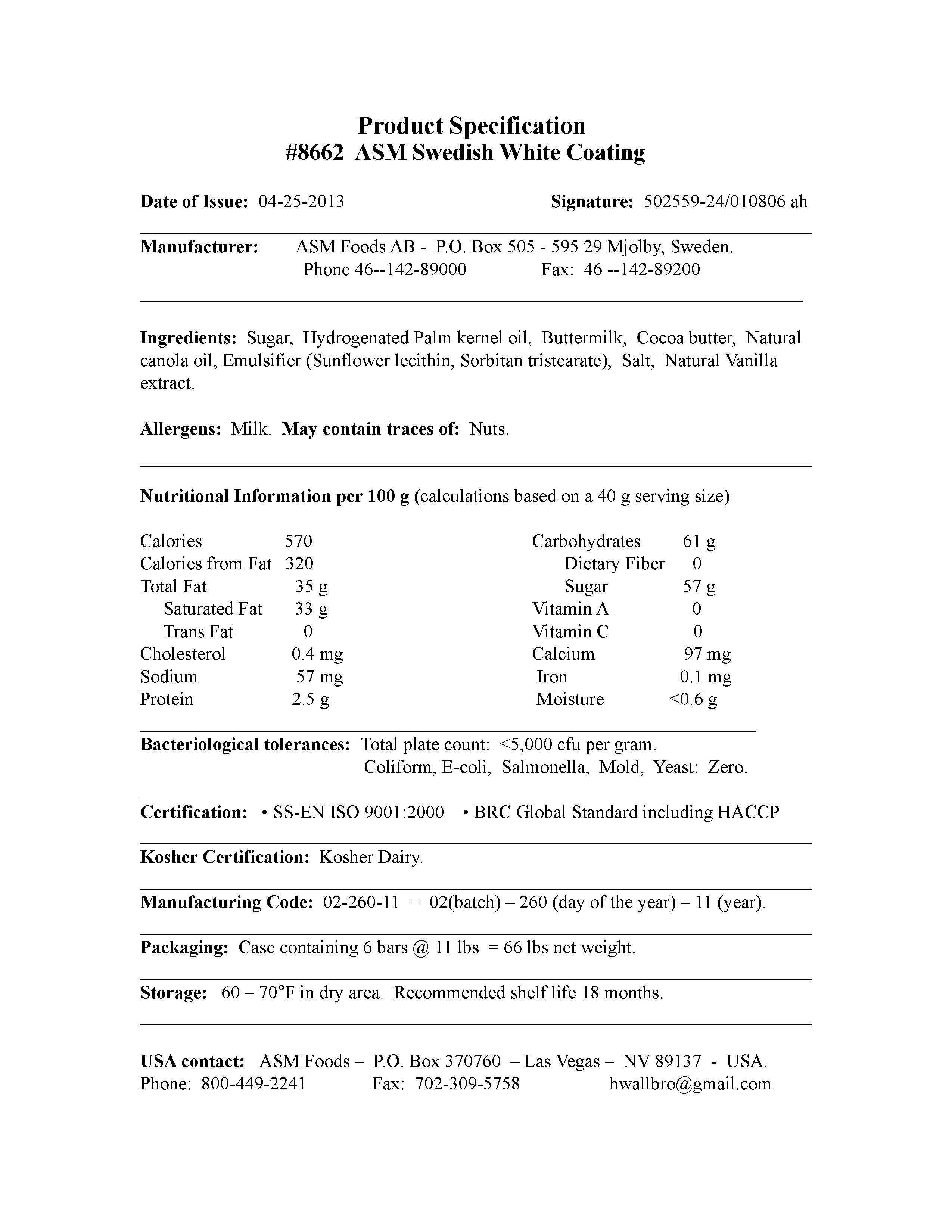 White Chocolate Coating Slab Nutritional Info by ASM/Semper at Stover & Company