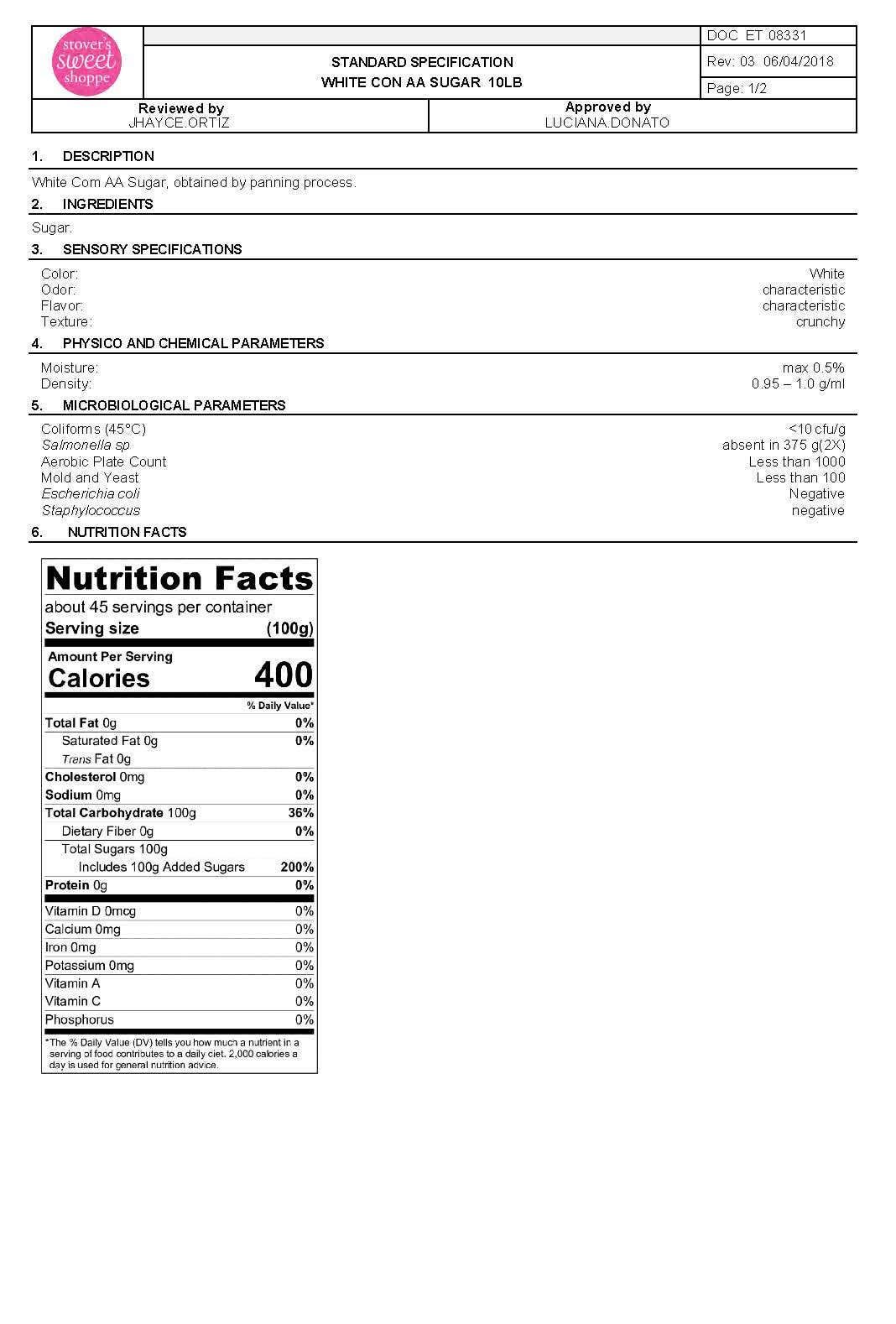 White Con AA Sanding Sugar Nutritional Info Page 1 by Stover's Sweet Shoppe at Stover & Company