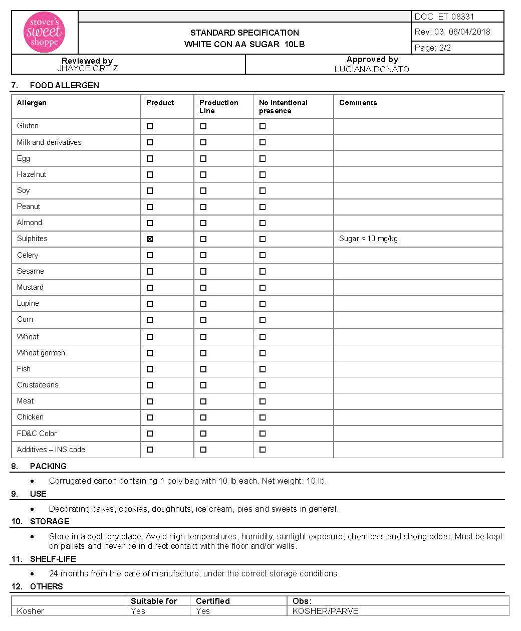 White Con AA Sanding Sugar Nutritional Info Page 2 by Stover's Sweet Shoppe at Stover & Company