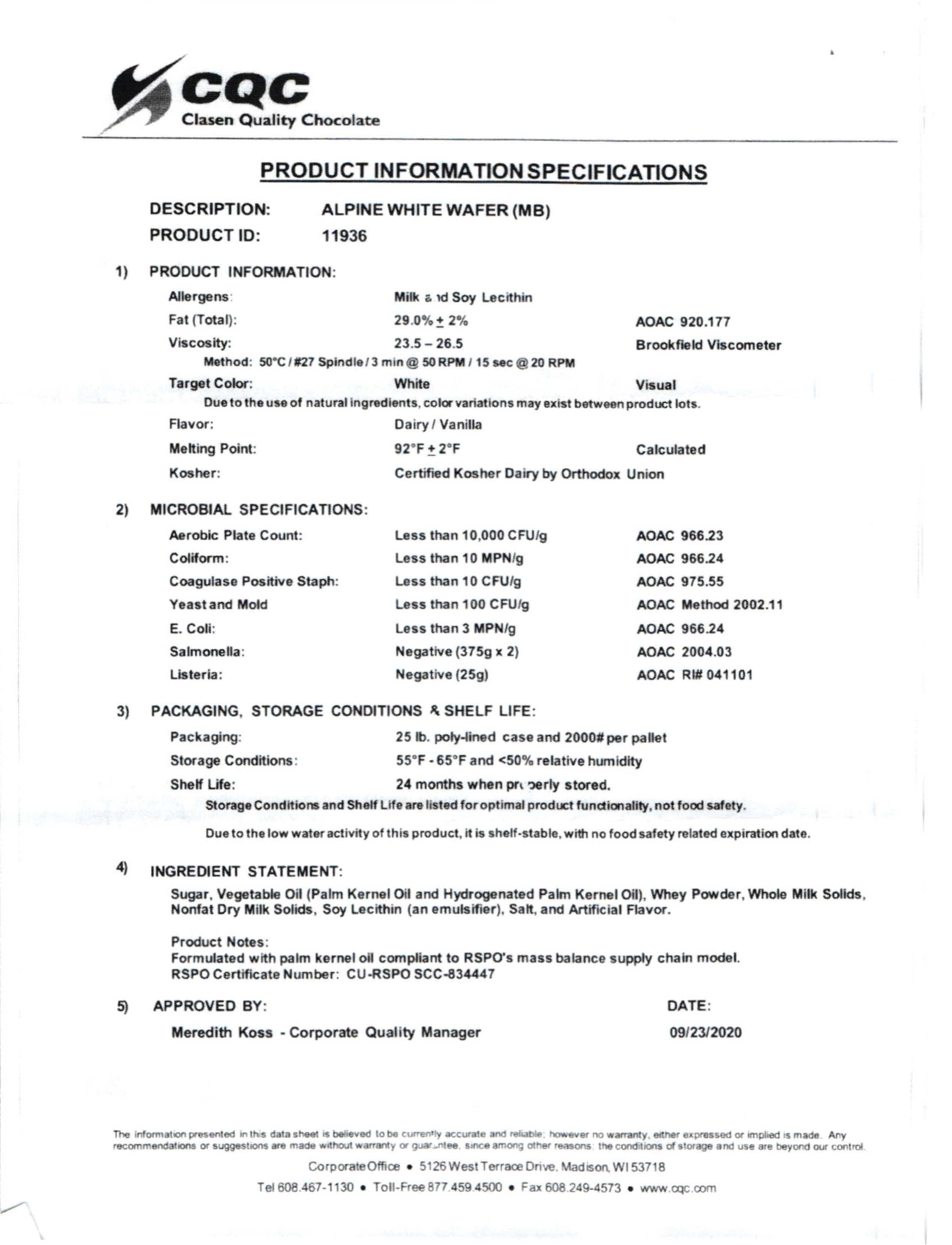 Alpine White Chocolate Wafers Nutritional Info Page 1 by Clasen at Stover & Company