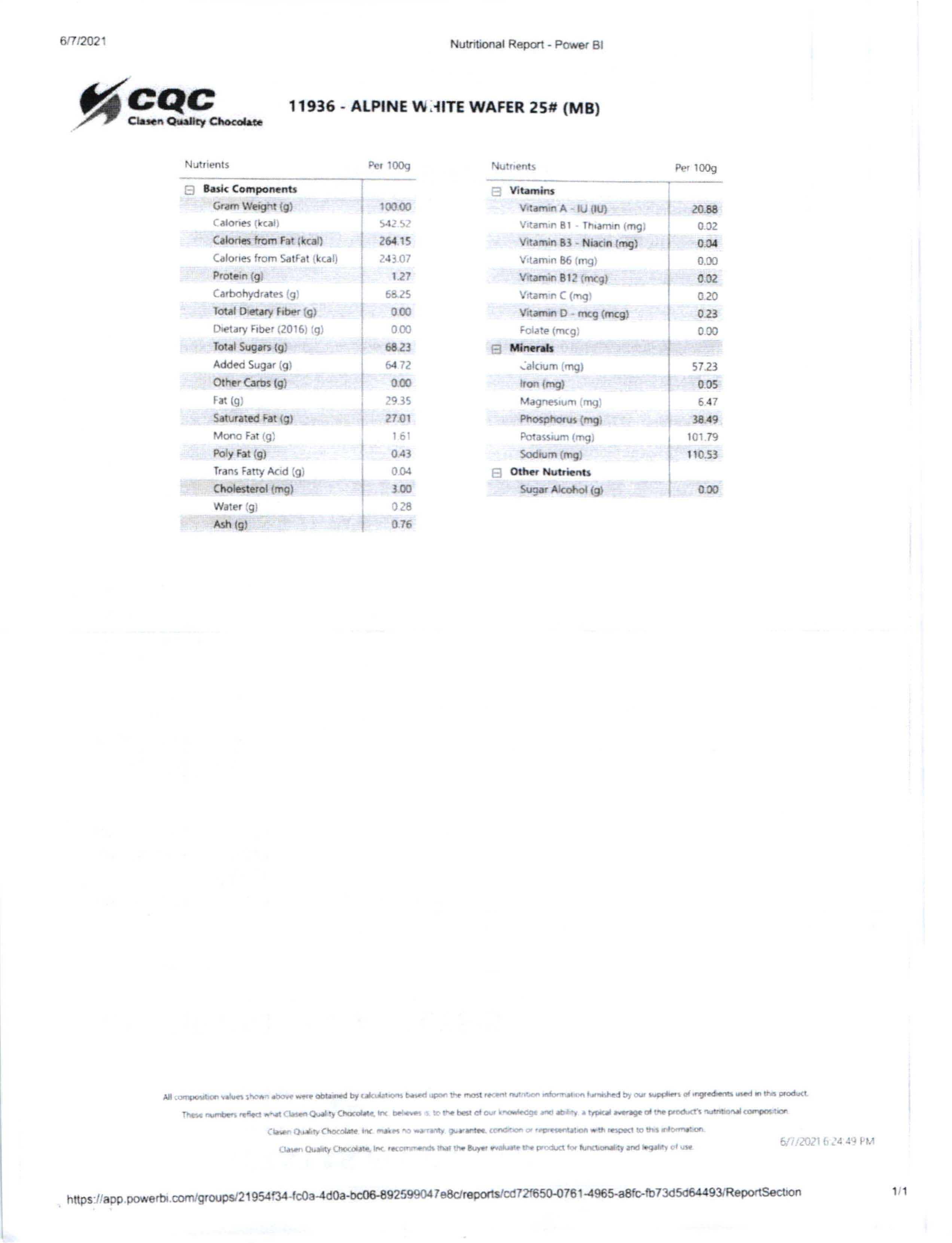 Alpine White Chocolate Wafers Nutritional Info Page 2 by Clasen at Stover & Company