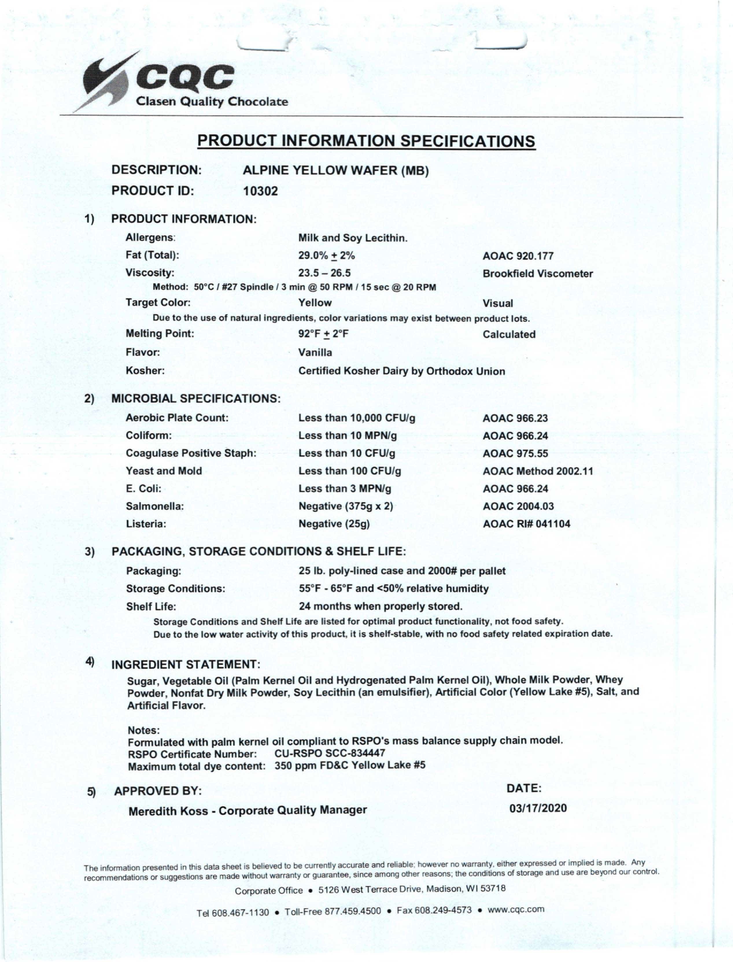 Alpine Yellow Coating Wafers Nutritional Info Page 1 by Clasen at Stover & Company