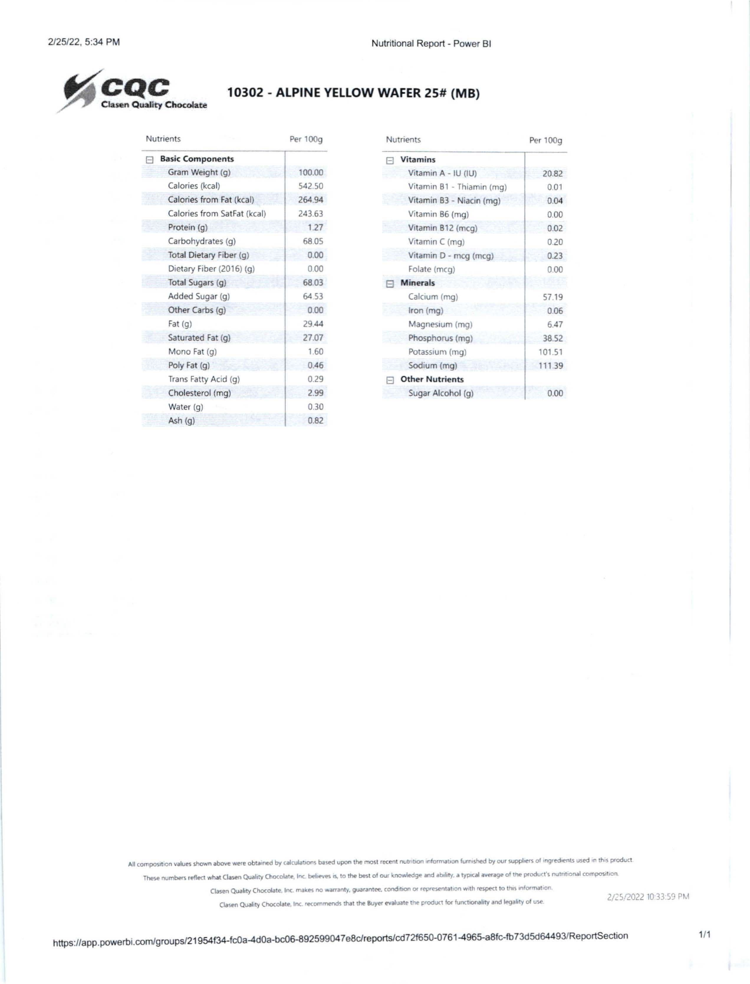 Alpine Yellow Coating Wafers Nutritional Info Page 2 by Clasen at Stover & Company 